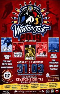 Dakota Nation Winter Fest poster styled in red with imagery of sports and Indigenous design. The poster features promos and headlines for the many festival activities including hockey and a tradeshow.